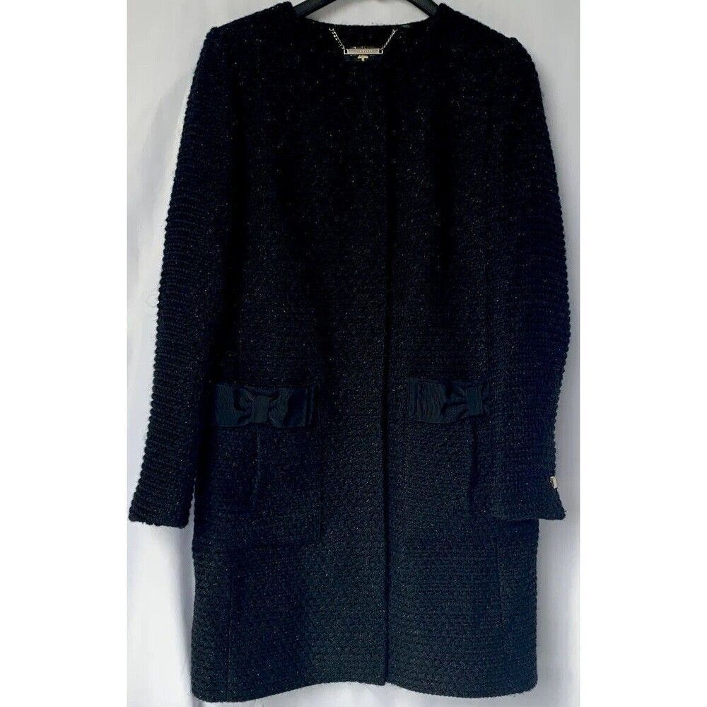 Ted Baker Womens Black Tweed Collarless Contrast Bow Pocket Coat Size 1 …